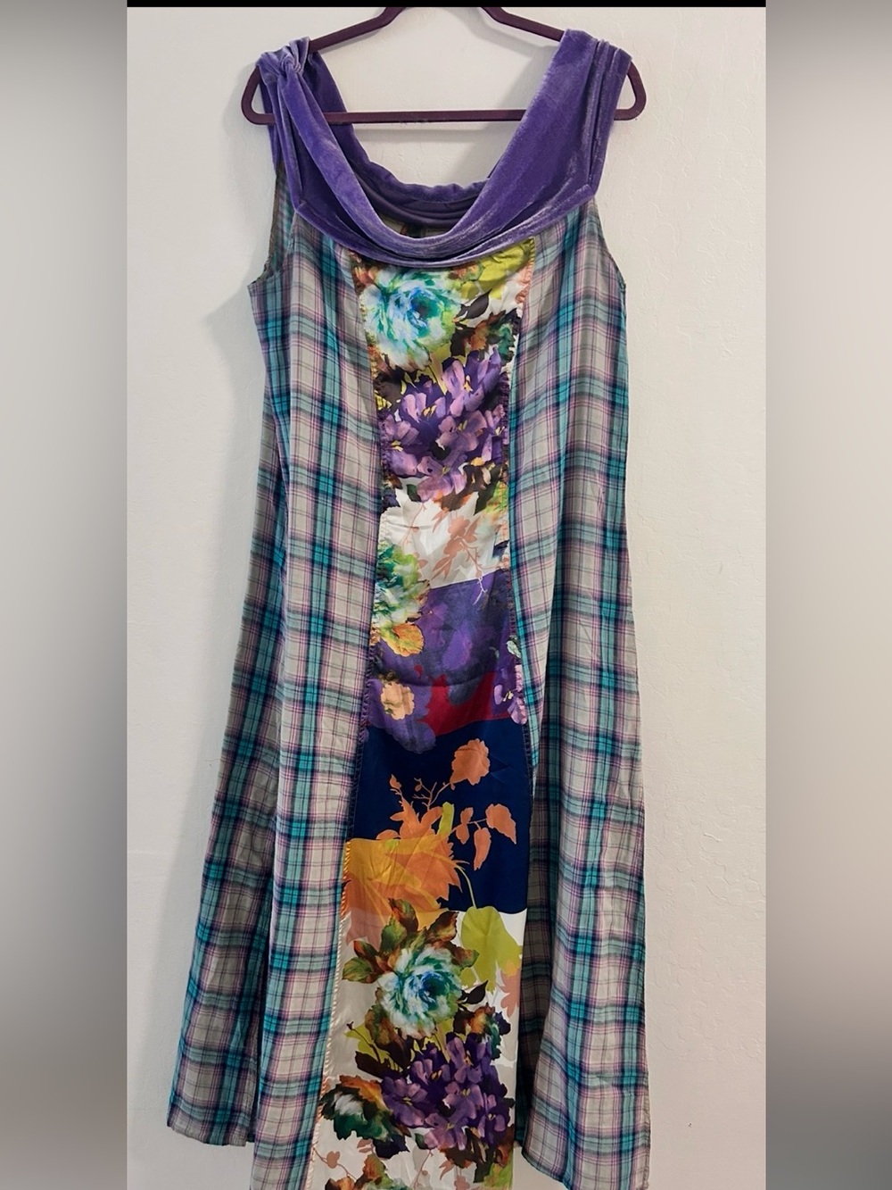 ARRATA Sleeveless Mixed-Print Maxi Dress in Aqua Floral and Plaid